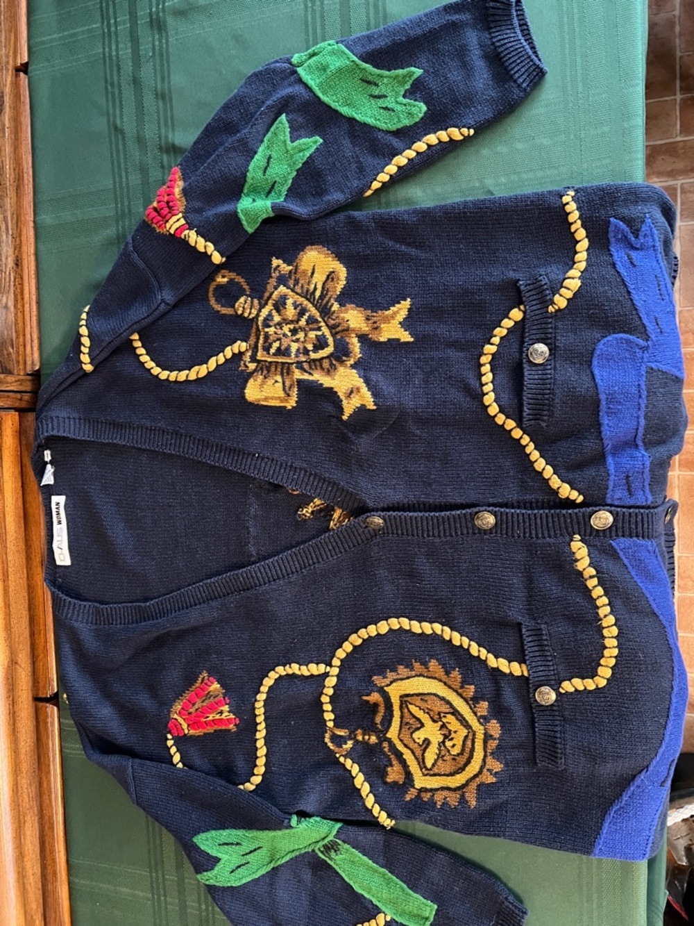 Embroidered Navy Cardigan Sweater with Colorful Motifs